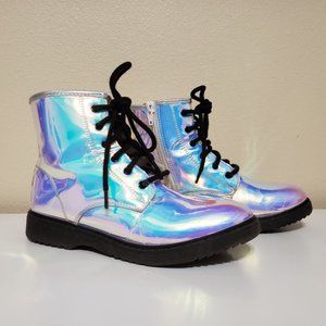 Girls Holographic Lace Up Boots